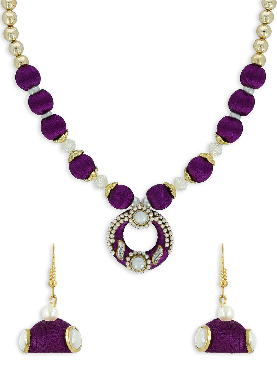 AKSHARA Girls Purple & Gold-Toned Kundan Studded Handcrafted Beaded Jewellery Set