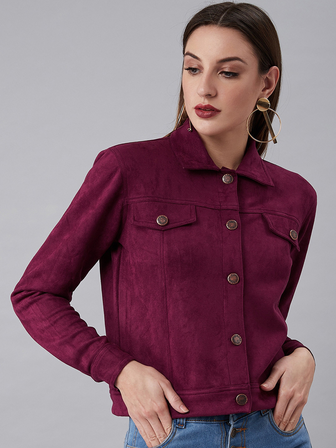 Athena Women Burgundy Solid Tailored Suede Jacket