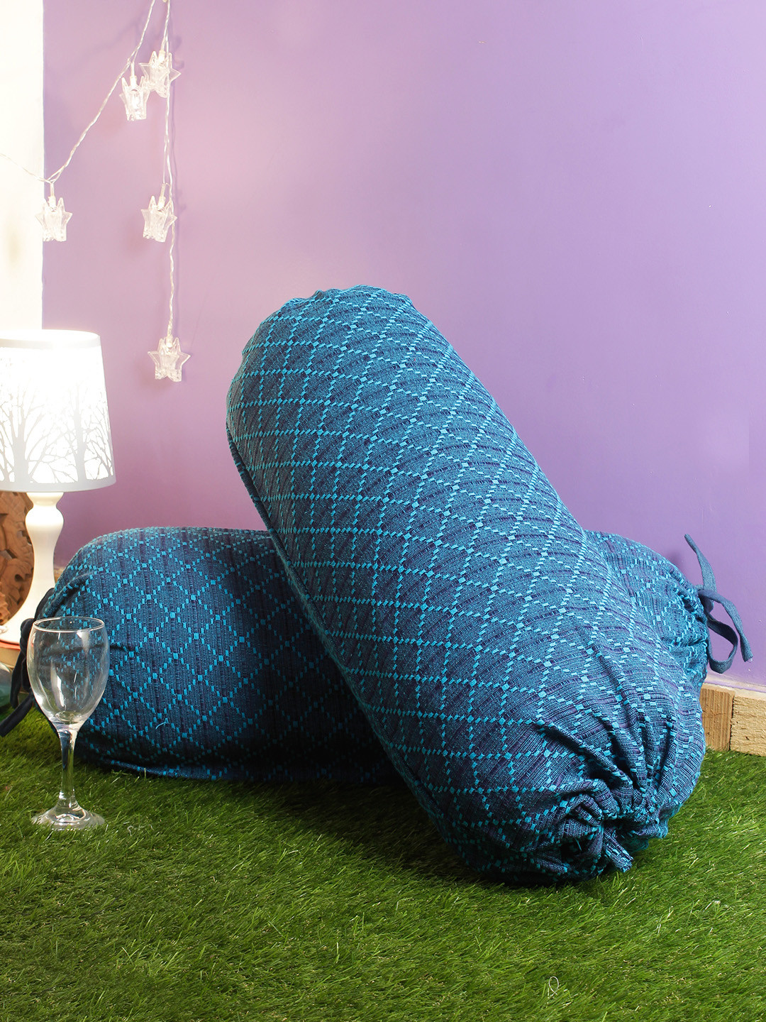 Soumya Set of 2 100% Cotton Dobby Blue Color Bolster Covers