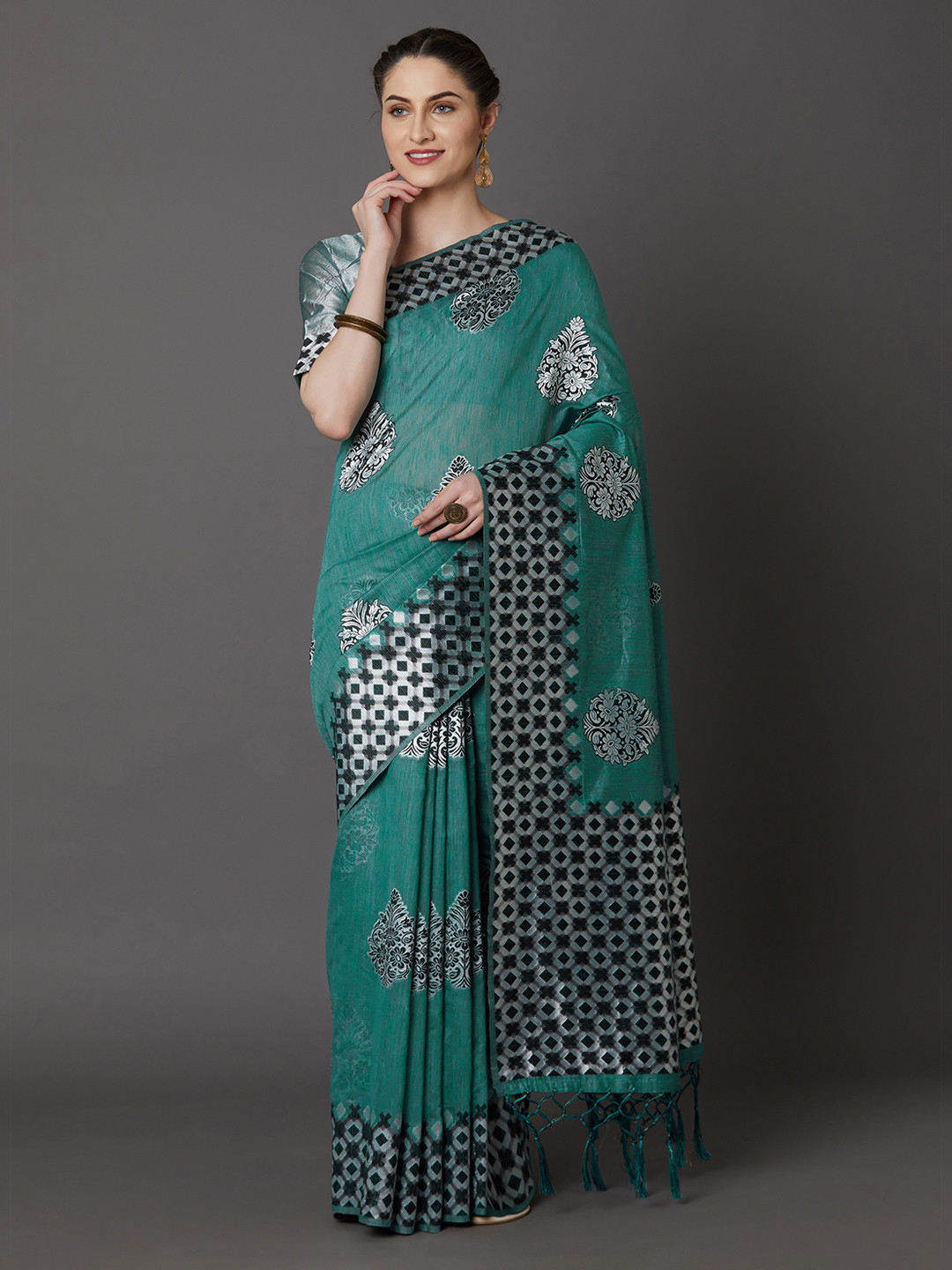 Mitera Teal Silk Blend Woven Design Kanjeevaram Saree