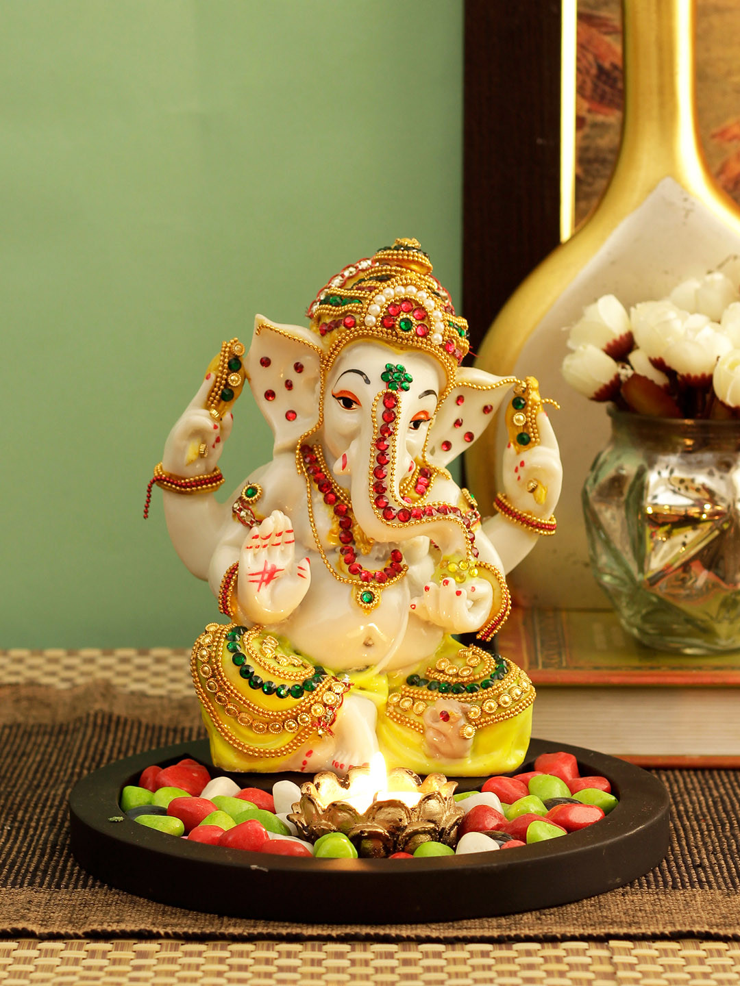 TIED RIBBONS Ganesha Tealight Candle Holder Cream Polyresin Glossy Prayer Room Small Showpiece - 6.2 Inches