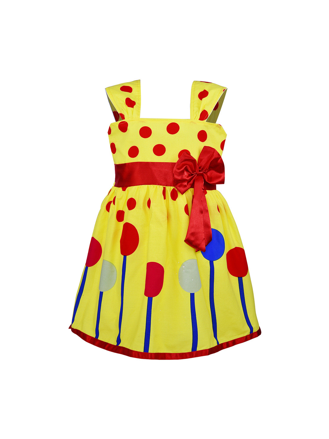 Wish Karo Girls Yellow & Red Polka Dots Printed Fit and Flare Dress