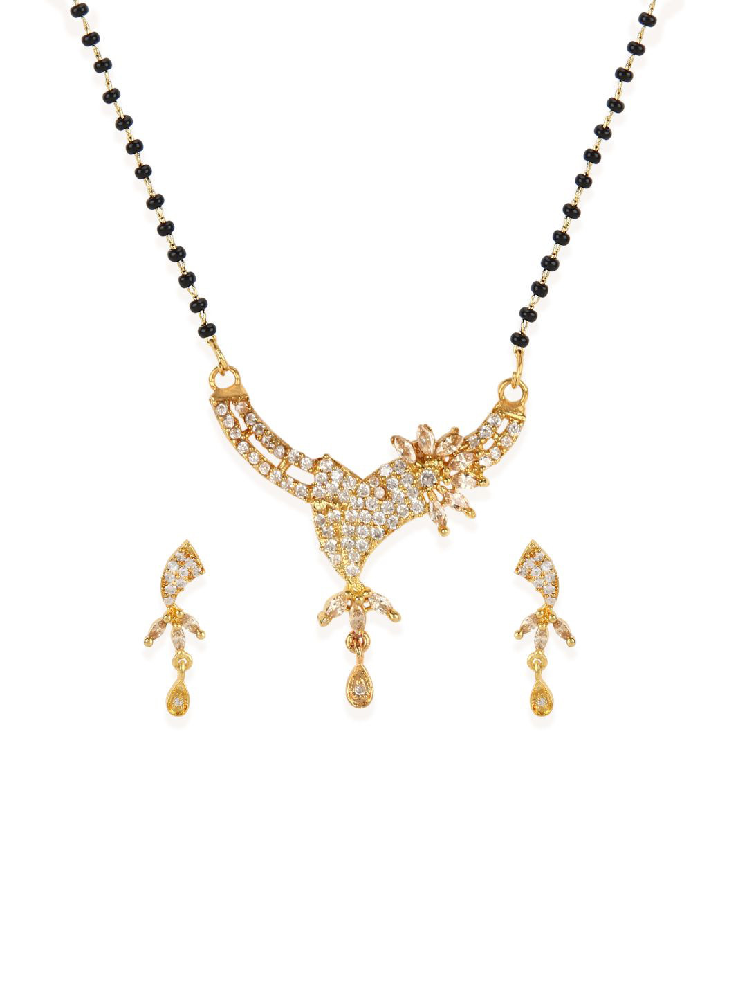 Bhana Fashion Gold-Plated & Black Beaded AD-Studded Mangalsutra With Earrings