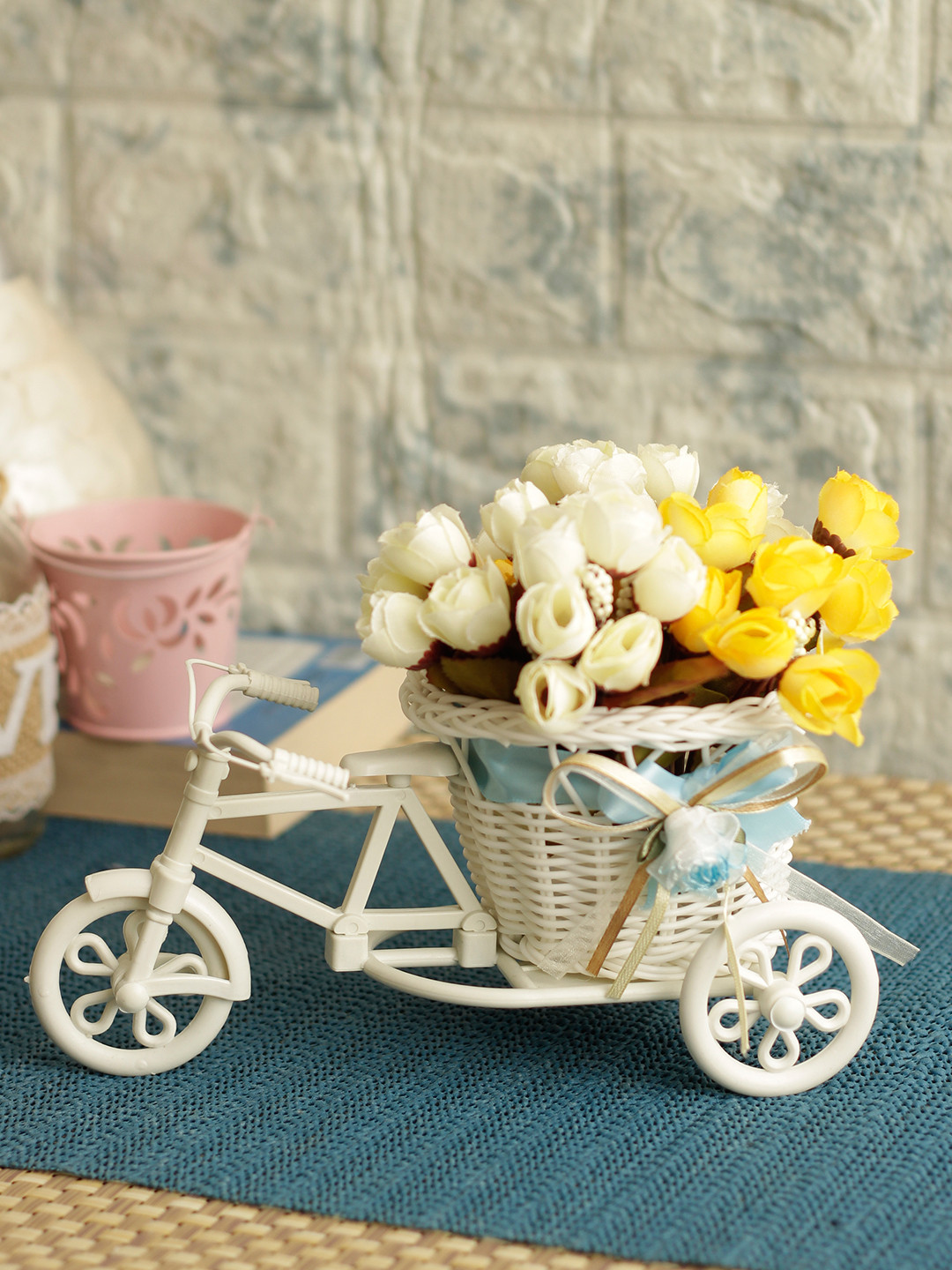 TIED RIBBONS Set of 2 Yellow & White Artificial Flower Bunches With Vase