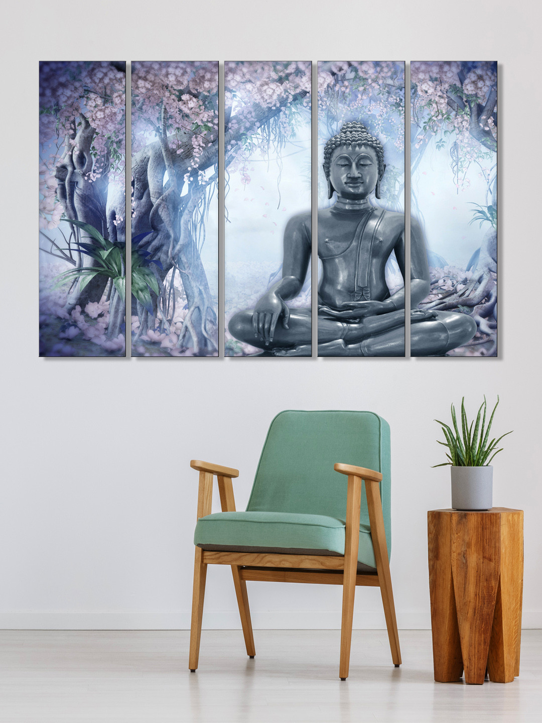 999Store Set of 5 Blue & Grey Printed Meditating Buddha Framed Wall Art
