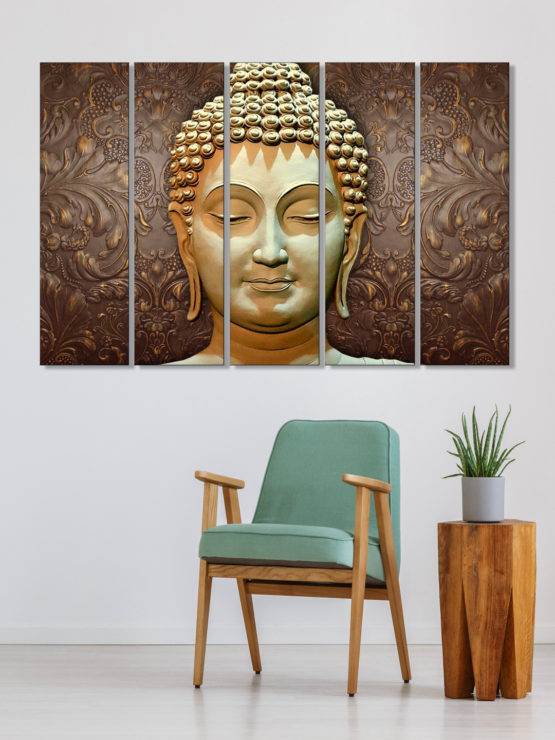 999Store Set of 5 Yellow & Brown Printed Meditating Buddha Framed Wall Art