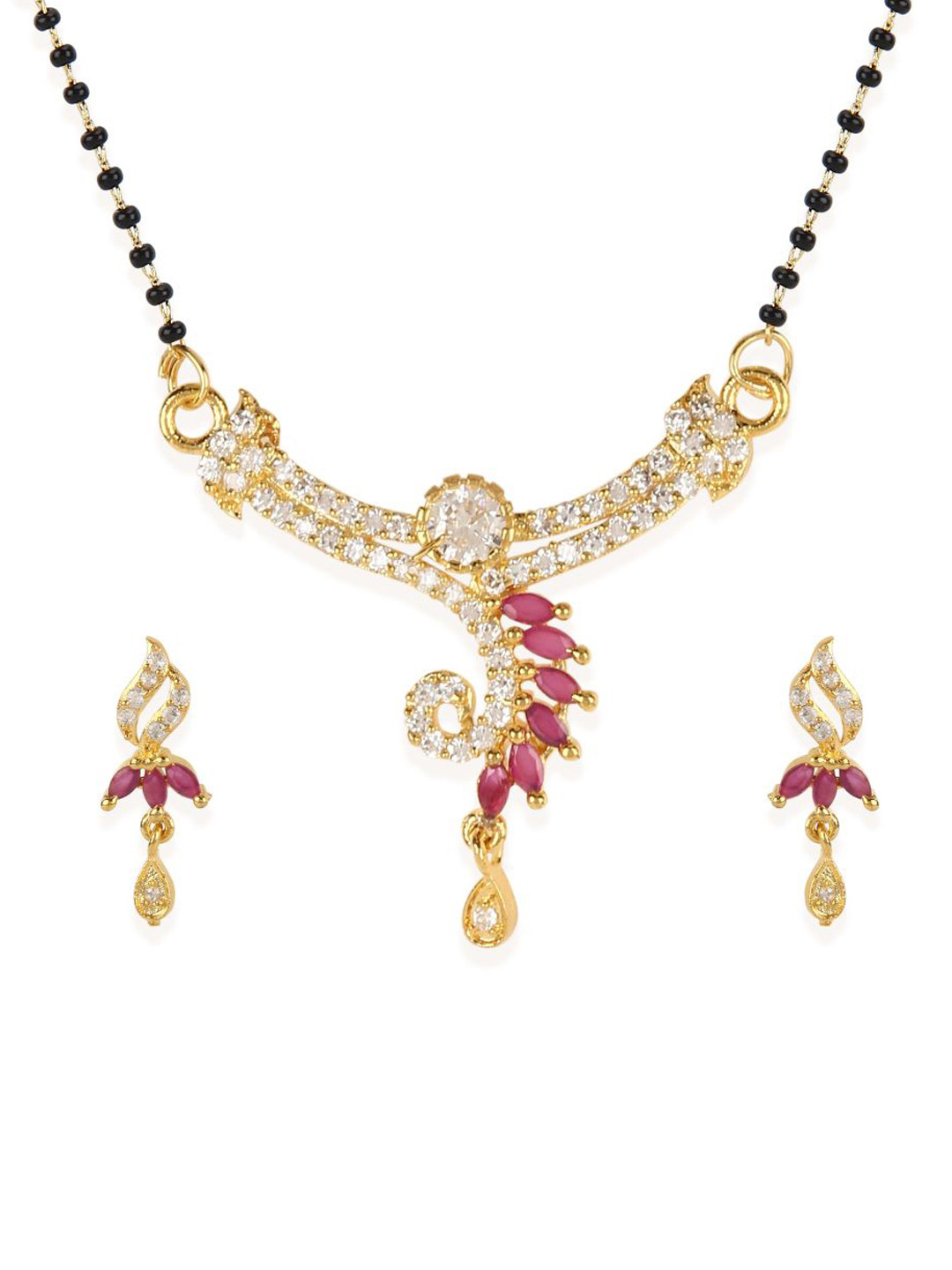 Bhana Fashion Gold-Plated & Black Beaded AD-Studded Mangalsutra With Earrings