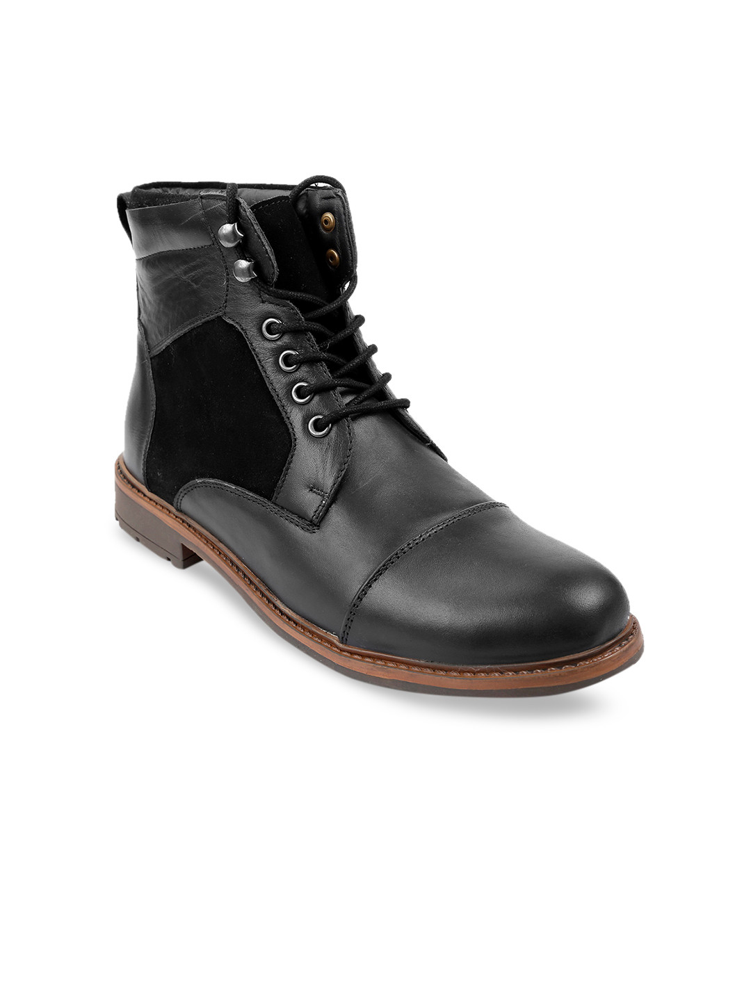 SHENCES Men Black Solid Genuine Leather Lightweight High-Top Flat Boots