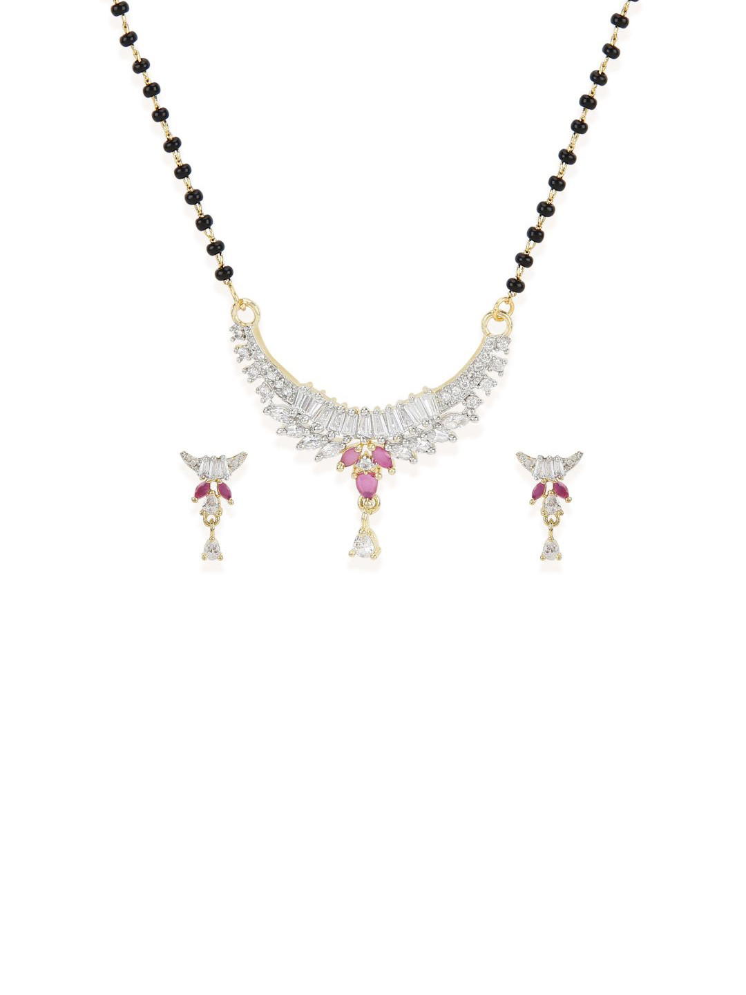 Bhana Fashion Gold-Plated & Magenta Beaded AD-Studded Mangalsutra With Earrings