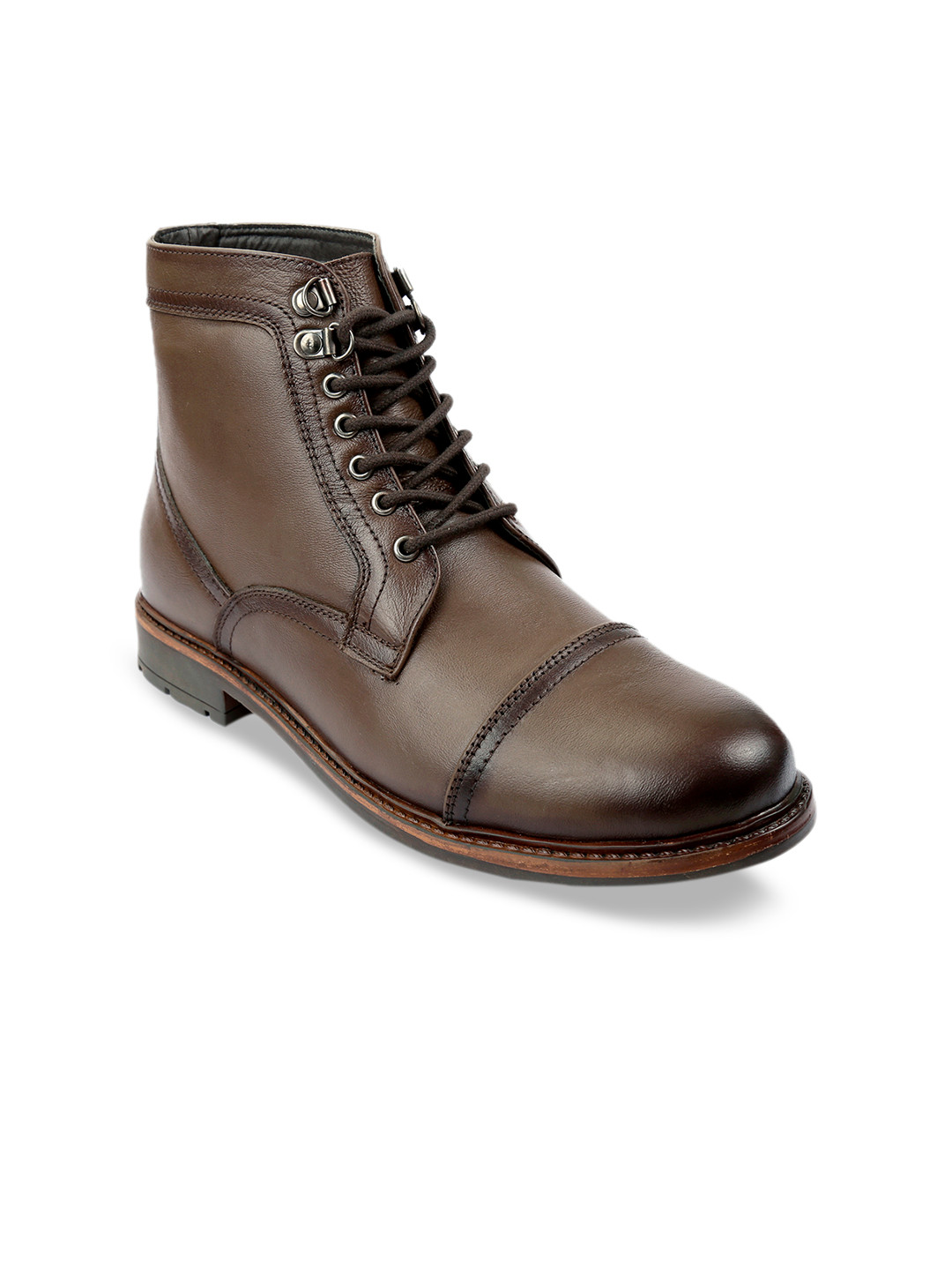 SHENCES Men Brown Solid Genuine Leather Lightweight High-Top Flat Boots