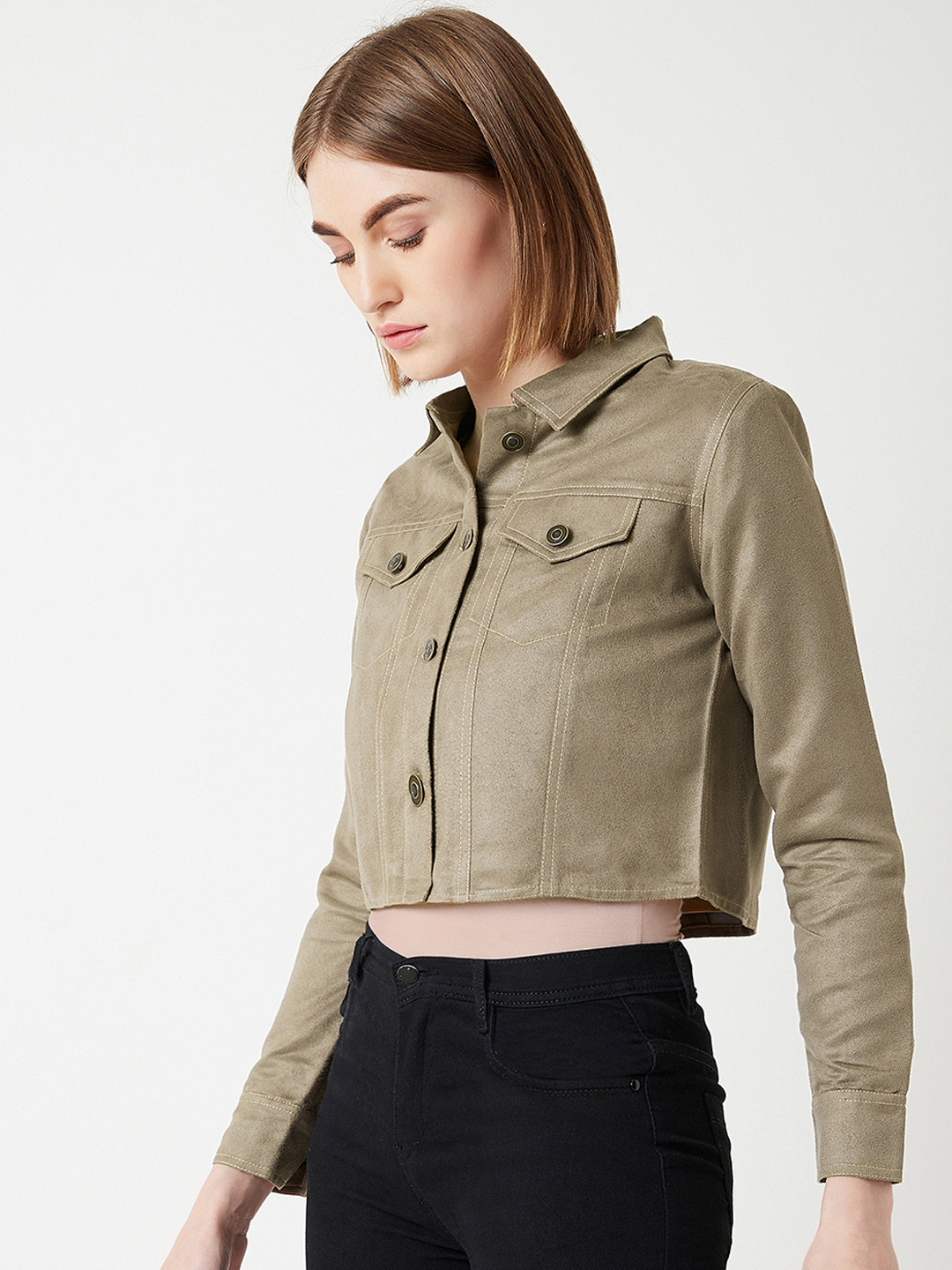 Miss Chase Women Olive Green Solid Crop Tailored Jacket
