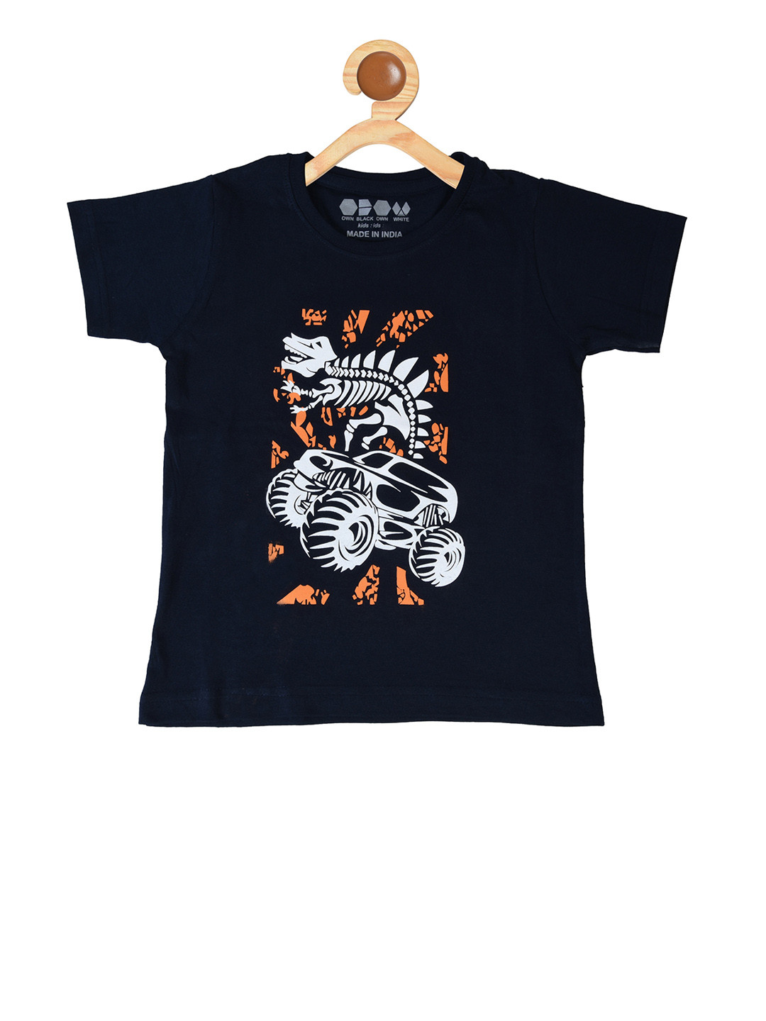 OBOW Boys Navy Blue White Printed Round Neck Pure Cotton T-shirt