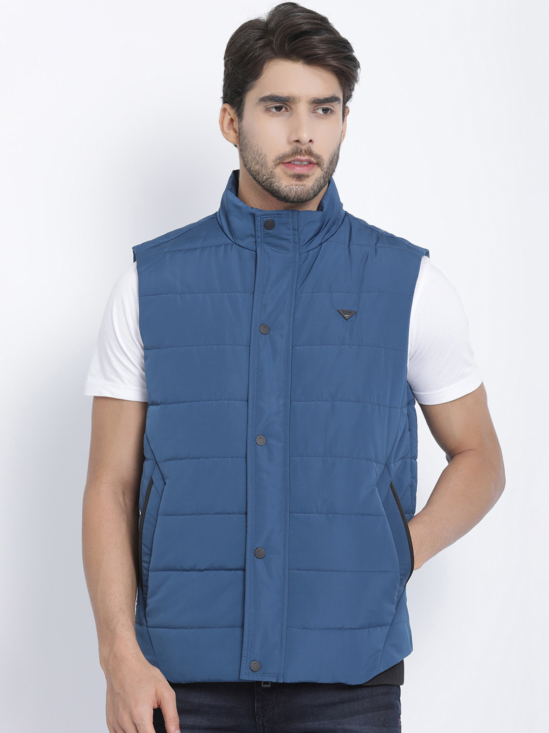 t-base Men Blue Solid Lightweight Puffer Jacket