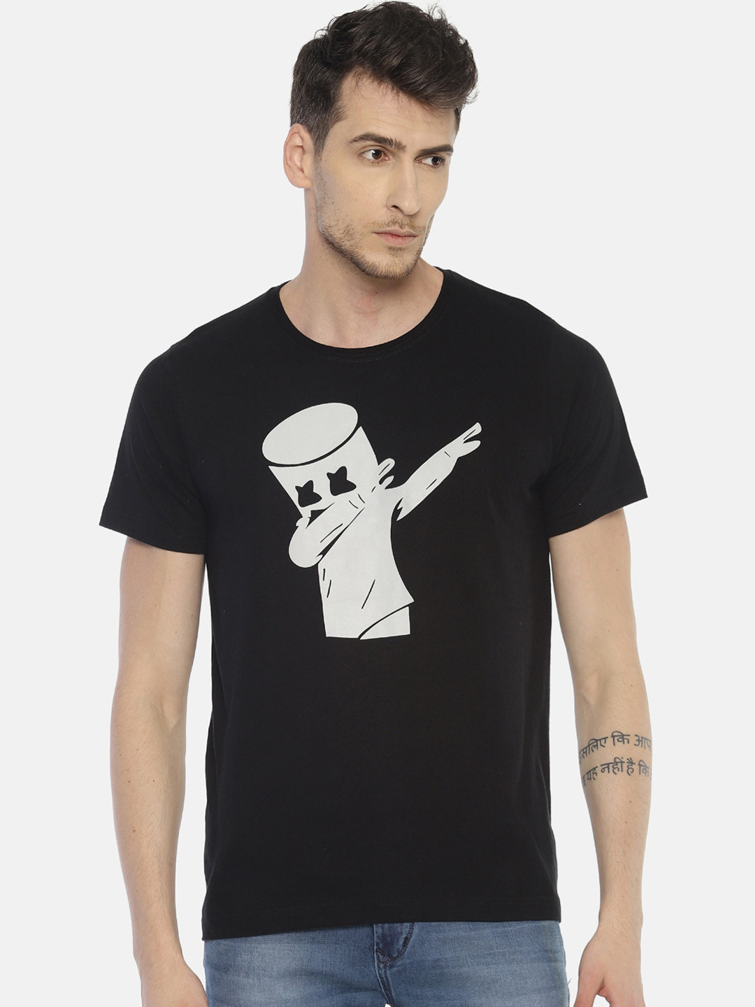 OBOW Men Black Printed Round Neck Pure Cotton T-shirt