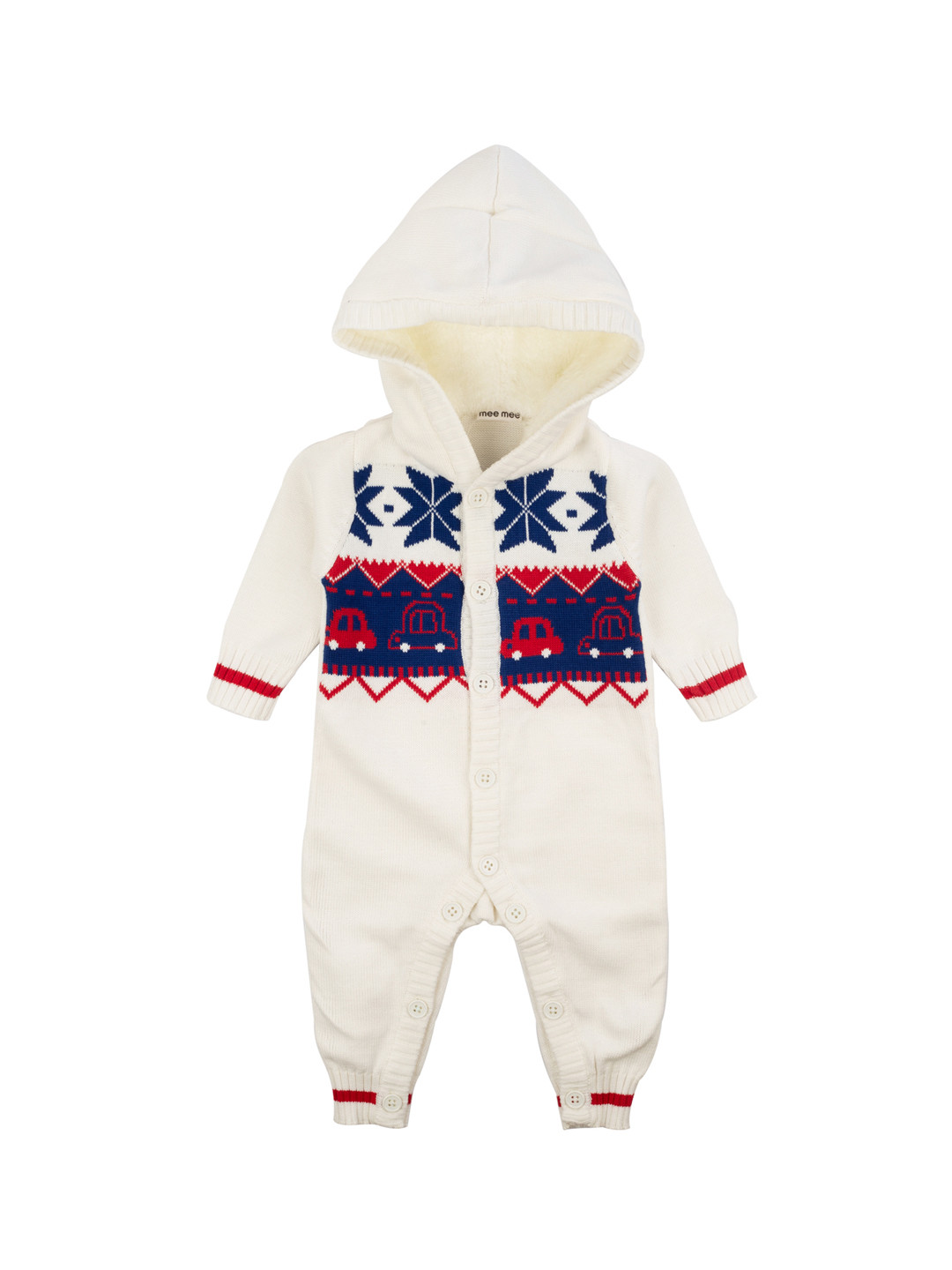 MeeMee Boys Off-White & Blue Printed Pure Cotton Hooded Romper