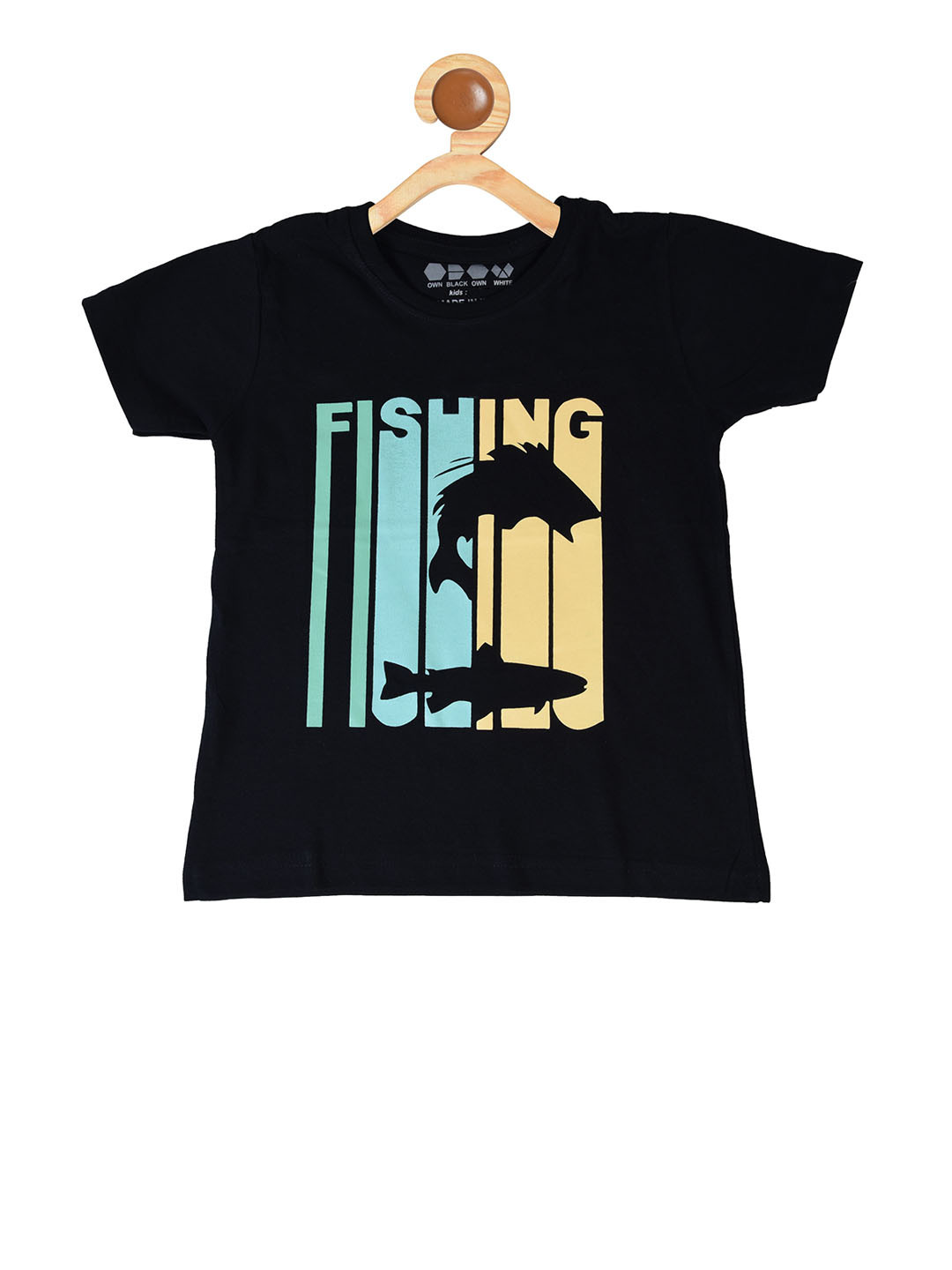 OBOW Boys Black Blue Printed Round Neck Pure Cotton T-shirt