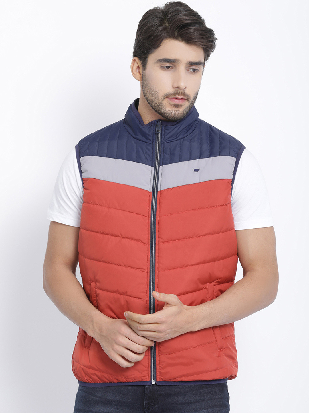 t-base Men Orange Colourblocked Lightweight Puffer Jacket