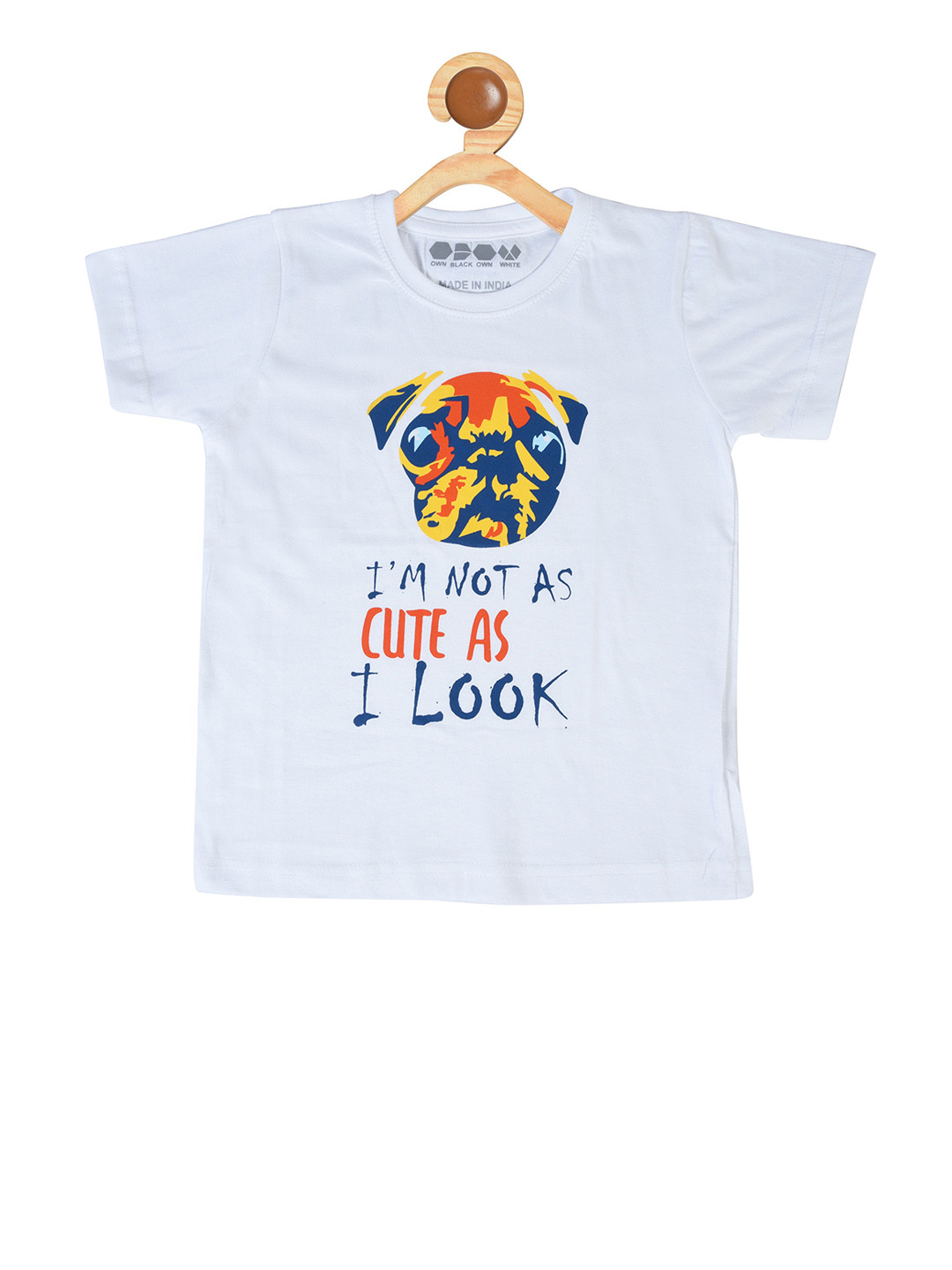 OBOW Boys White Blue Printed Round Neck Pure Cotton T-shirt