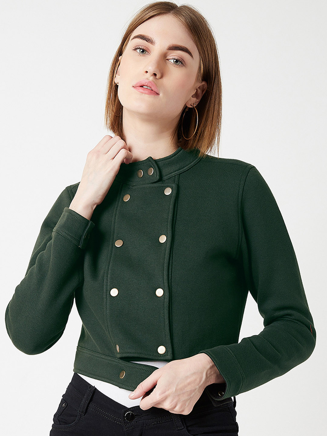 Miss Chase Women Green Solid Crop Tailored Jacket