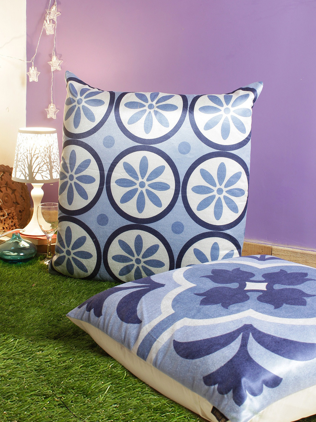 ROMEE Blue Floral Polyester Washable 2 Piece Square Cushion Covers -24x24In