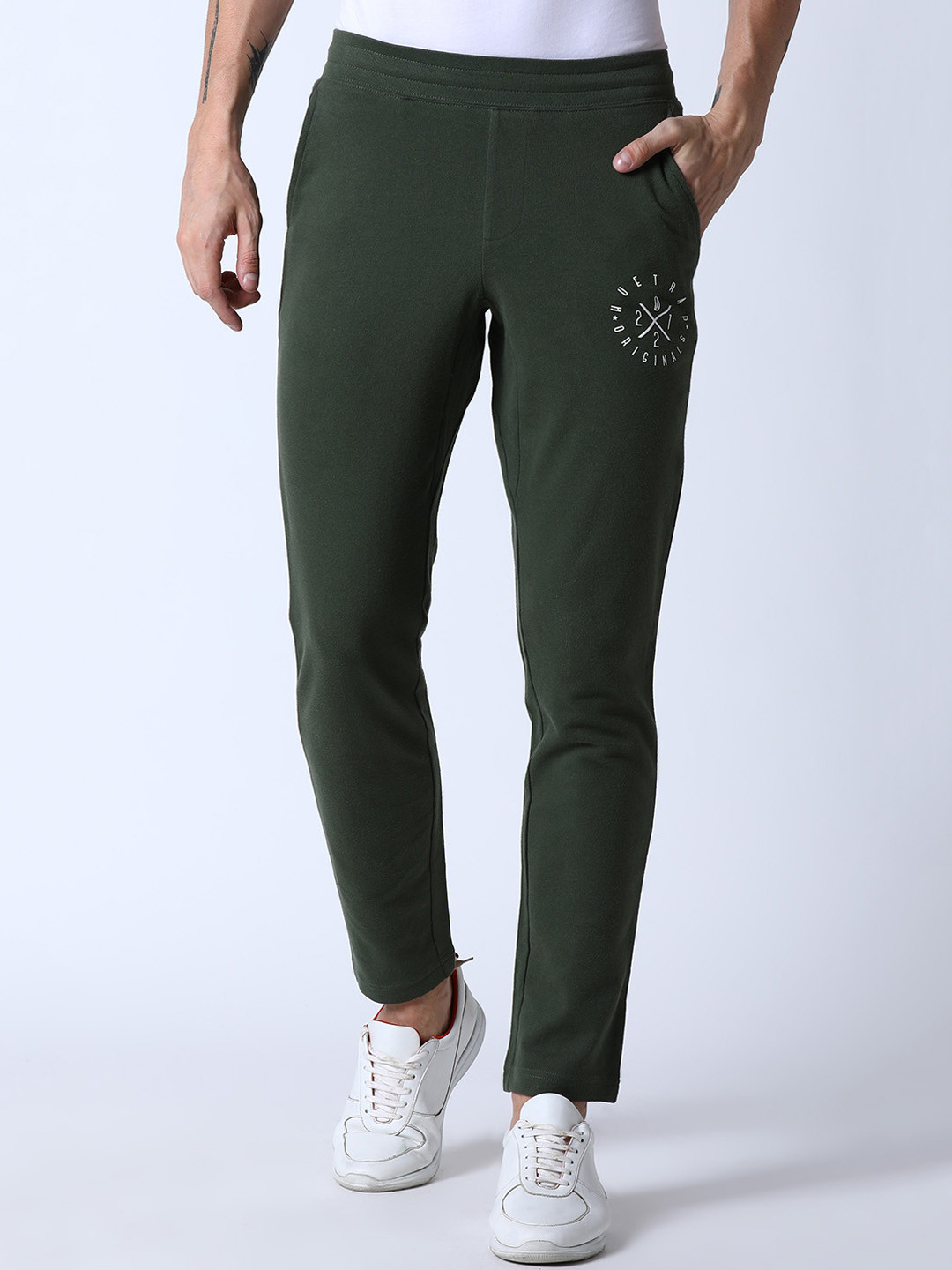 Huetrap Men Olive Green Solid Straight Fit Track Pants