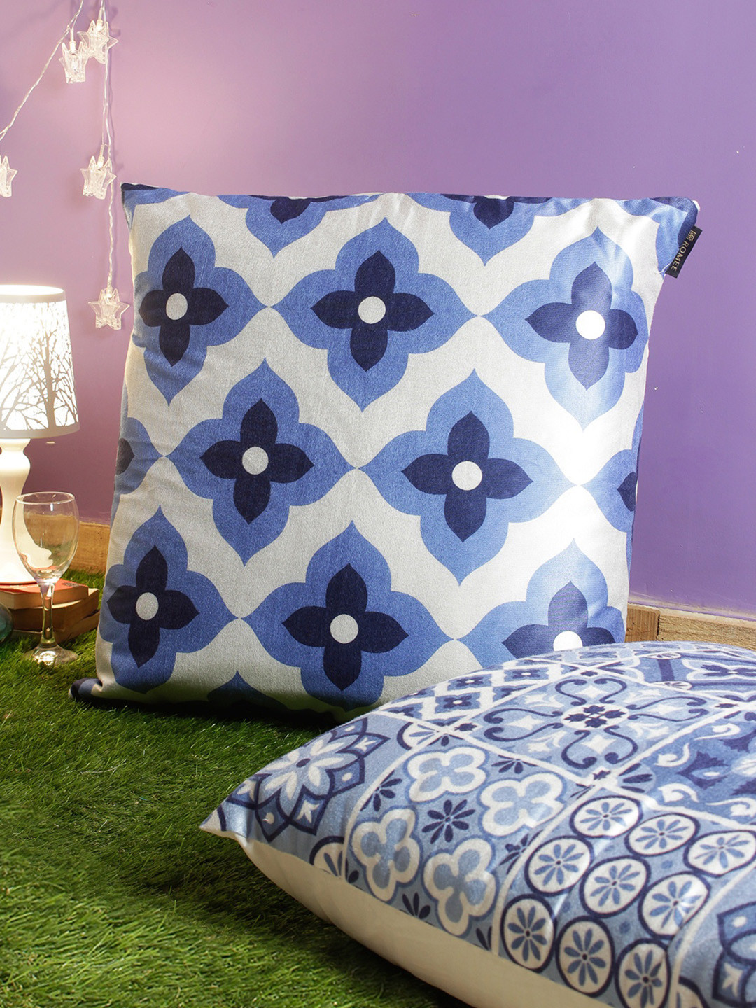 ROMEE White & Blue Set of 2 Ethnic Motifs Square Cushion Covers With Velvet Finish
