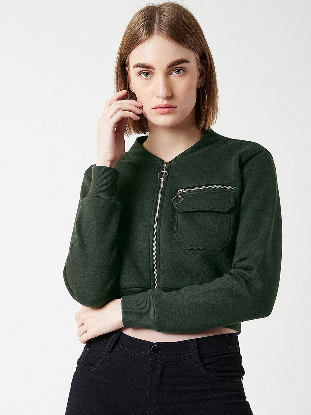Miss Chase Women Green Solid Crop Tailored Jacket