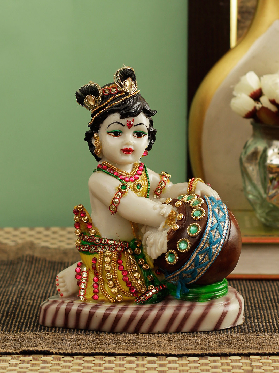 TIED RIBBONS Lord Krishna Makhan Chor Off White Polyresin Glossy Prayer Room Medium Showpiece - 7.5 Inches