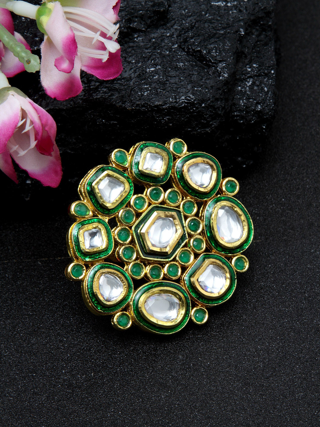 DUGRISTYLE Green Gold-Plated Kundan Studded Adjustable Handcrafted Finger Ring