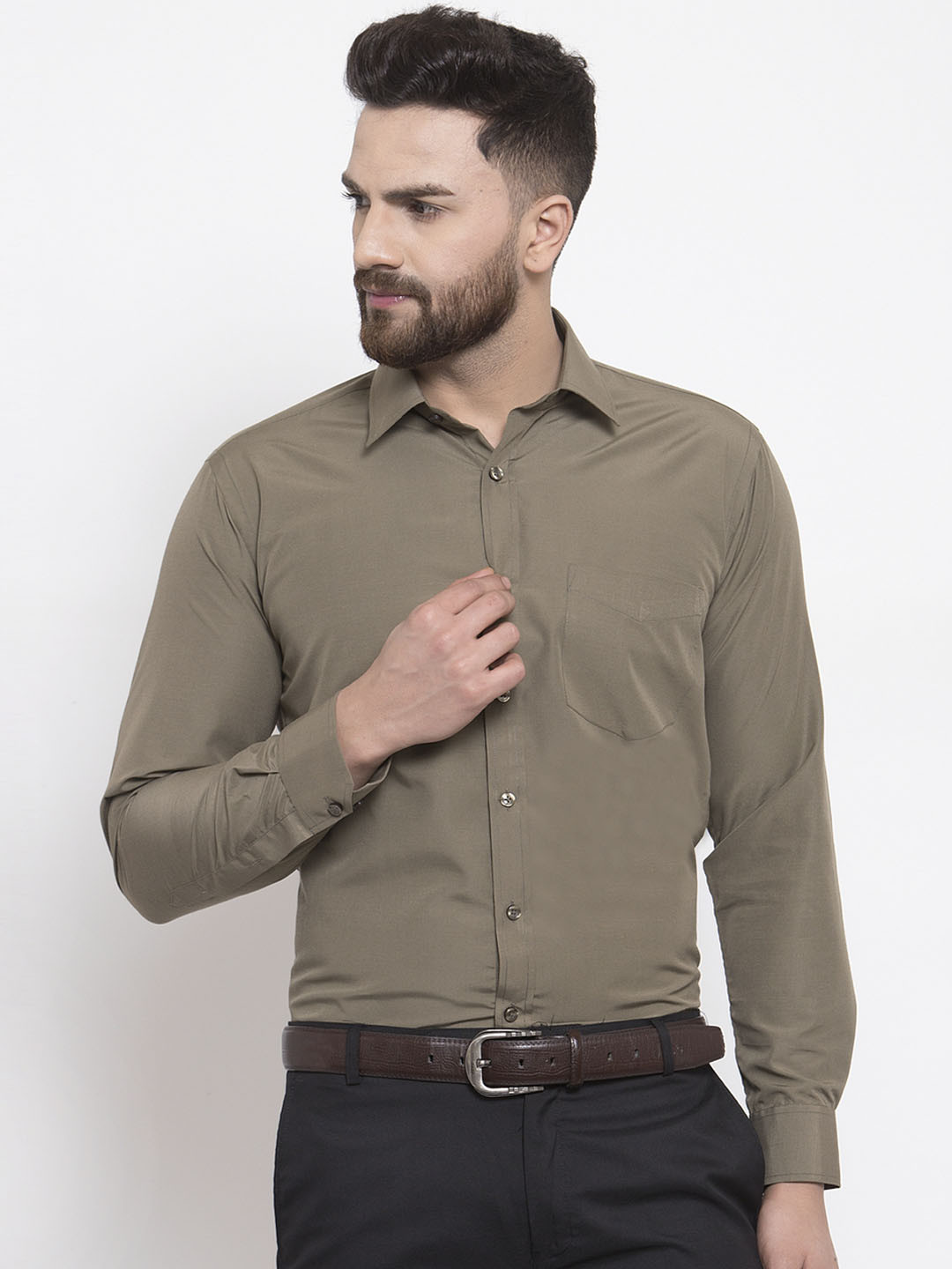 English Navy Men Olive Green Slim Fit Formal Shirt