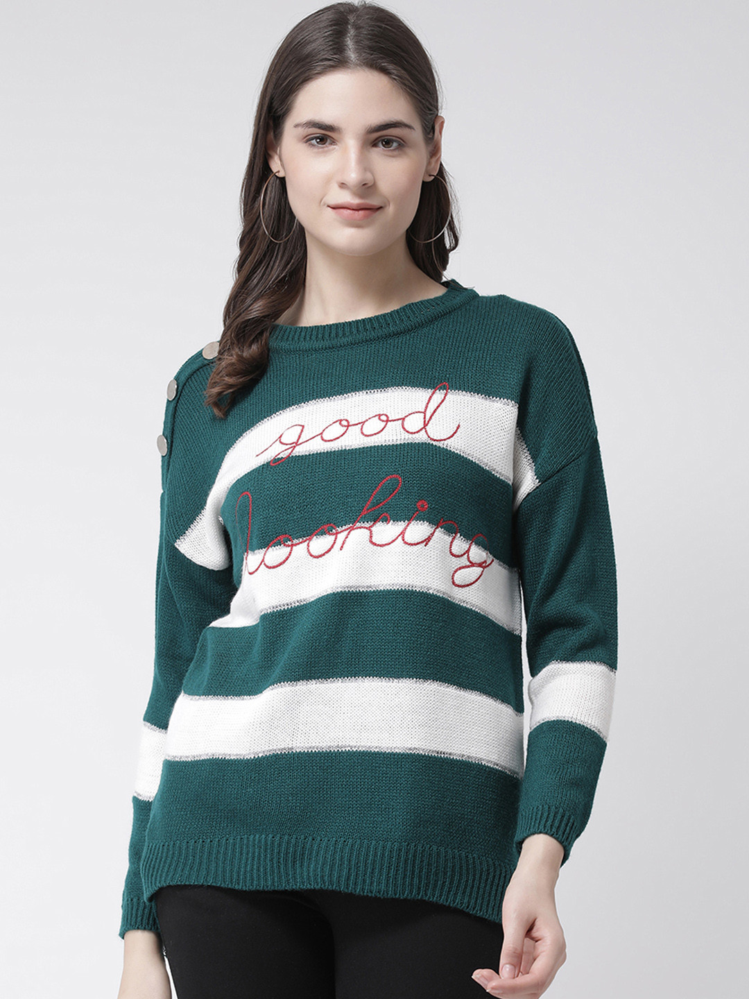 Club York Women Green & White Striped Pullover Sweater