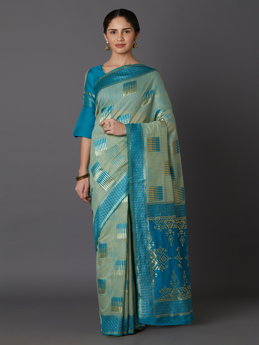 Mitera Sea Green & Blue Silk Blend Woven Design Kanjeevaram Saree