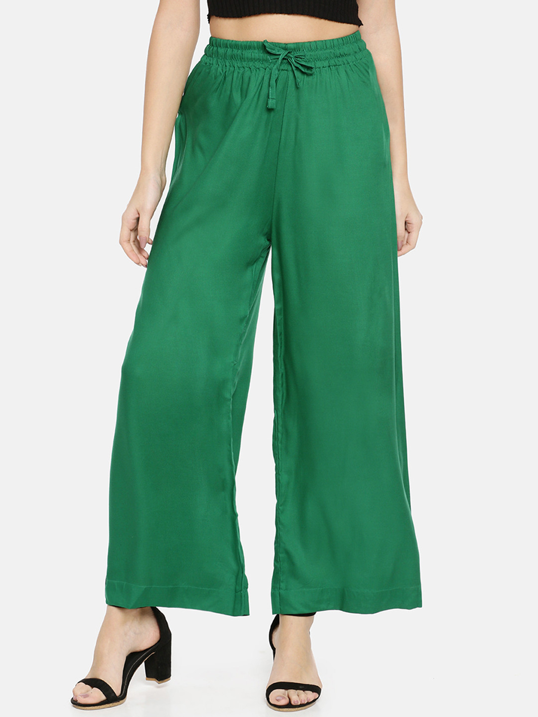 TWIN BIRDS Women Green Solid Wide Leg Palazzos