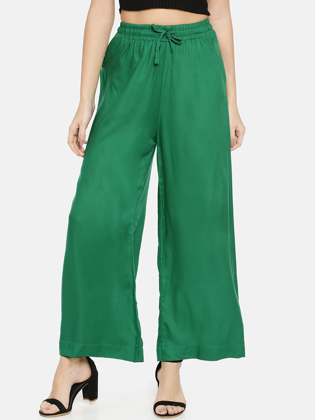 TWIN BIRDS Women Green Solid Wide Leg Palazzos
