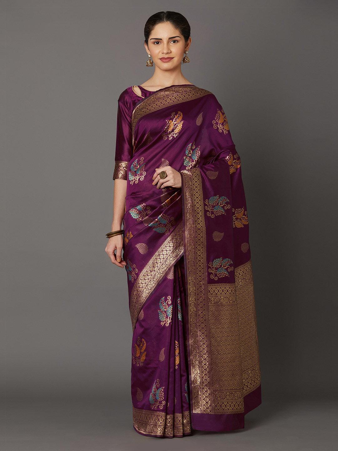 Mitera Purple Silk Blend Woven Design Kanjeevaram Saree