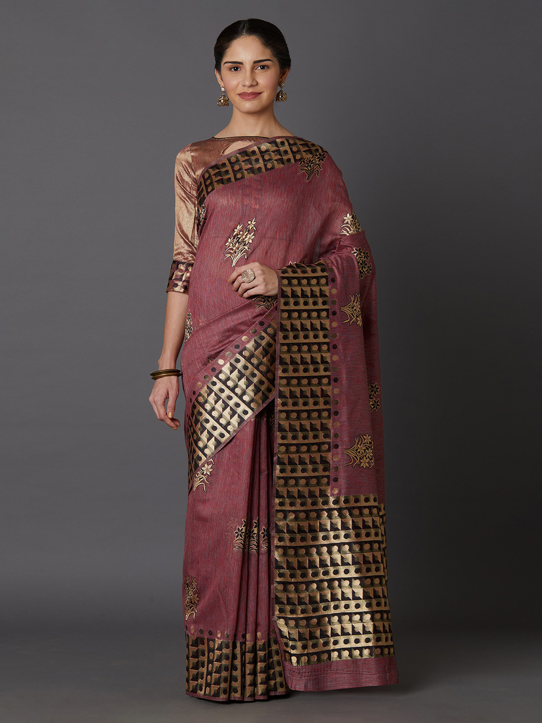 Mitera Mauve & Gold-Coloured Silk Blend Woven Design Kanjeevaram Saree