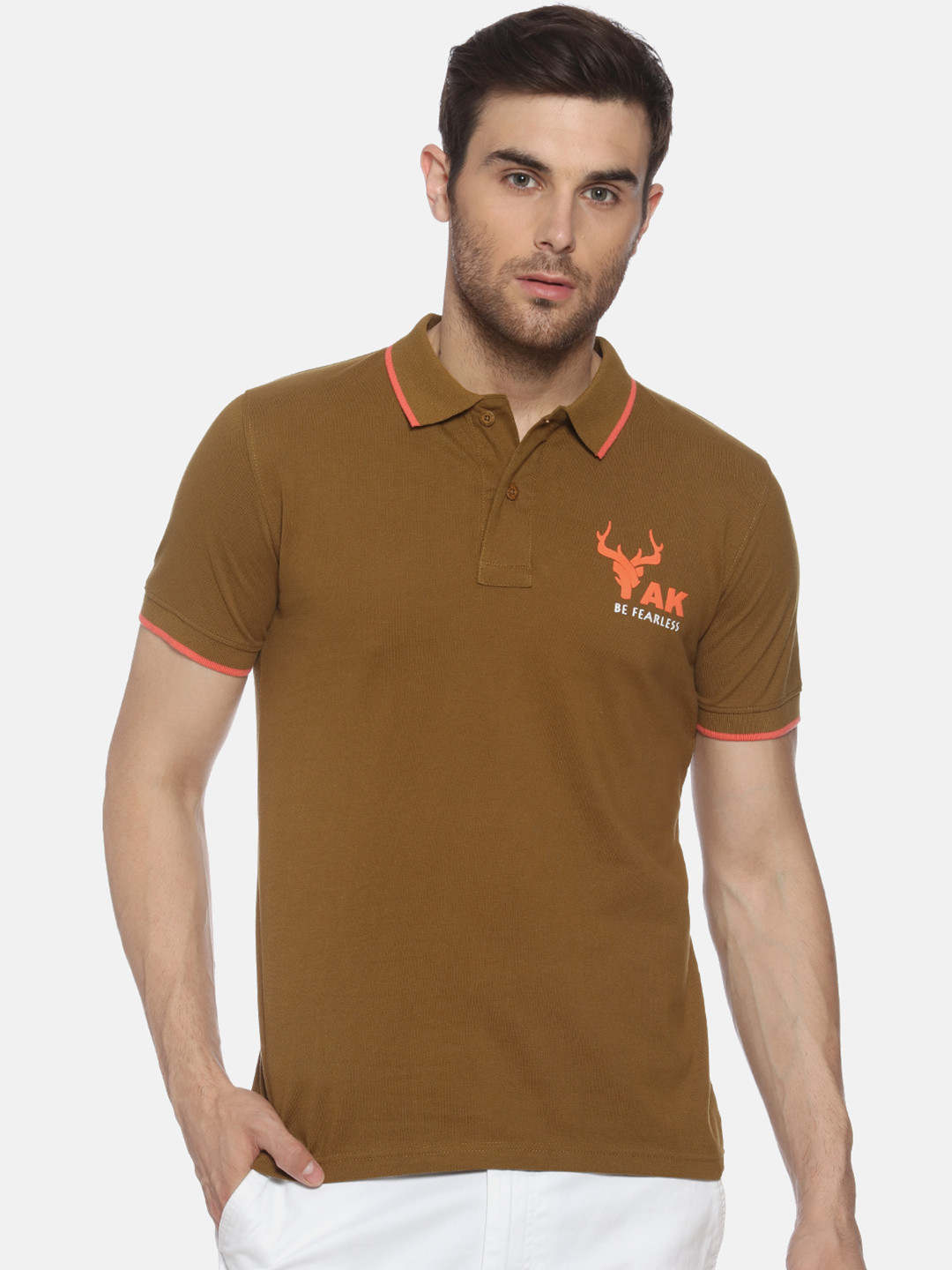 YAK YAK Men Brown Solid Slim-Fit Polo Collar Pure Cotton T-shirt