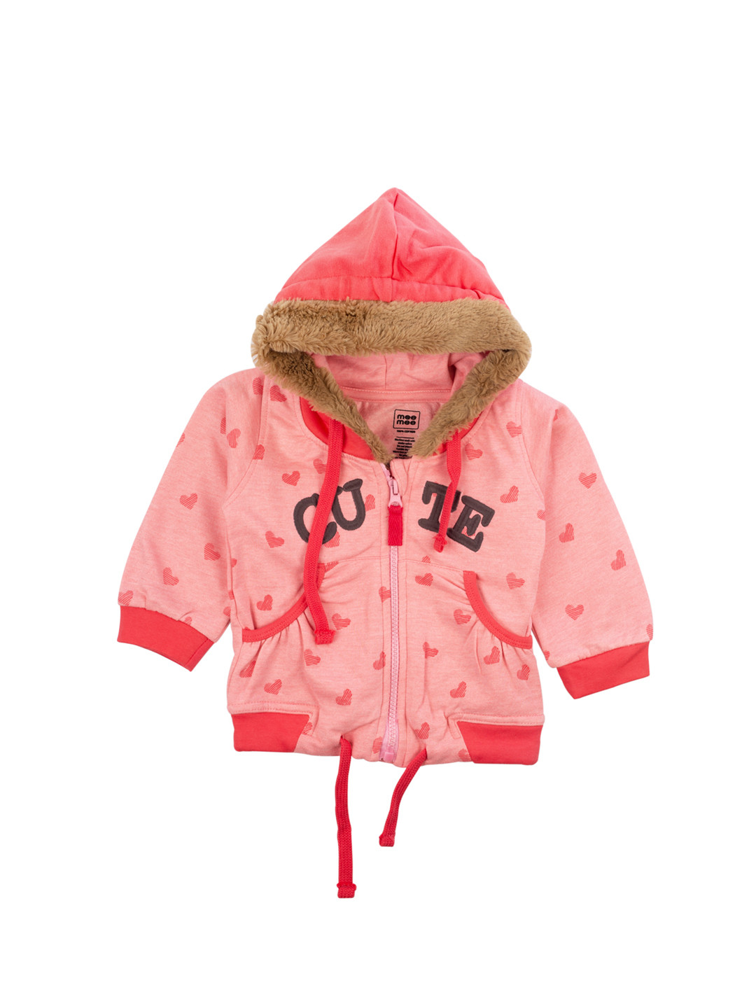 MeeMee Girls Pink Printed Bomber Hooded Jacket