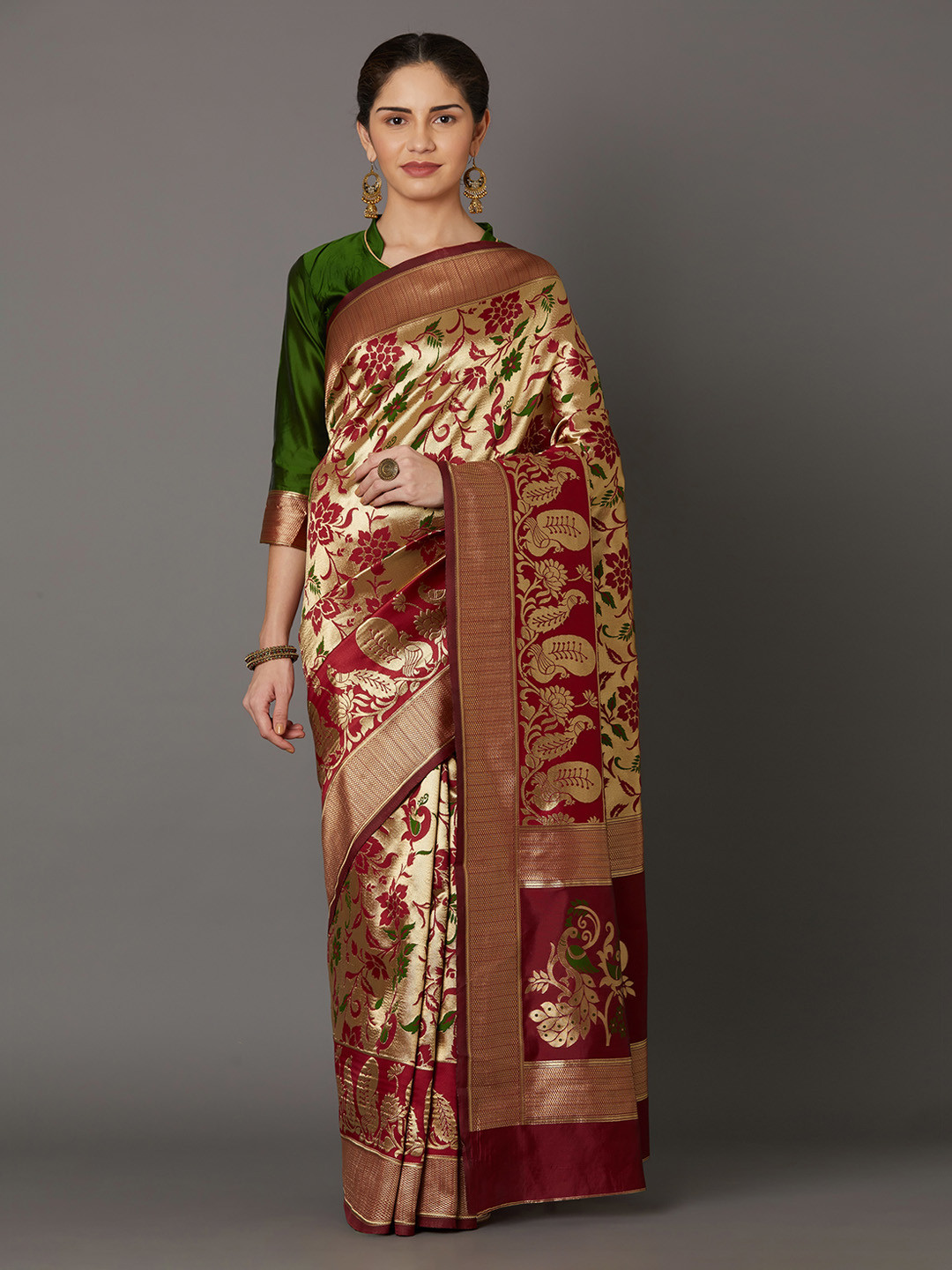 Mitera Maroon & Gold-Coloured Silk Blend Woven Design Kanjeevaram Saree