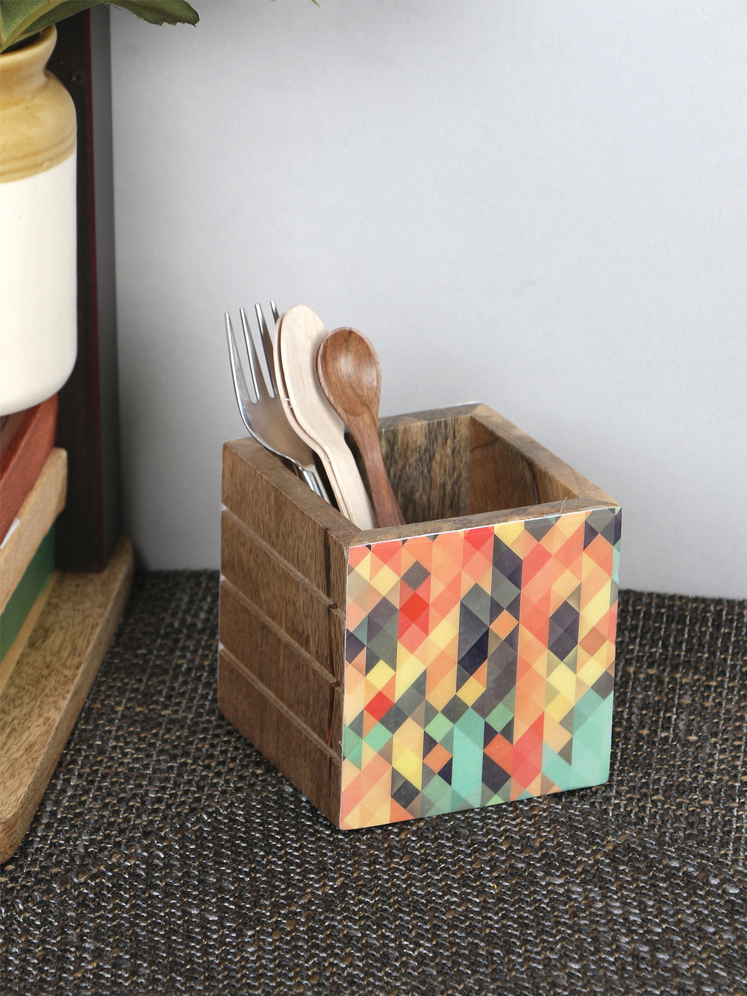 VarEesha Multicoloured Hand Painted Mosaic Mango Wood Cutlery Holder
