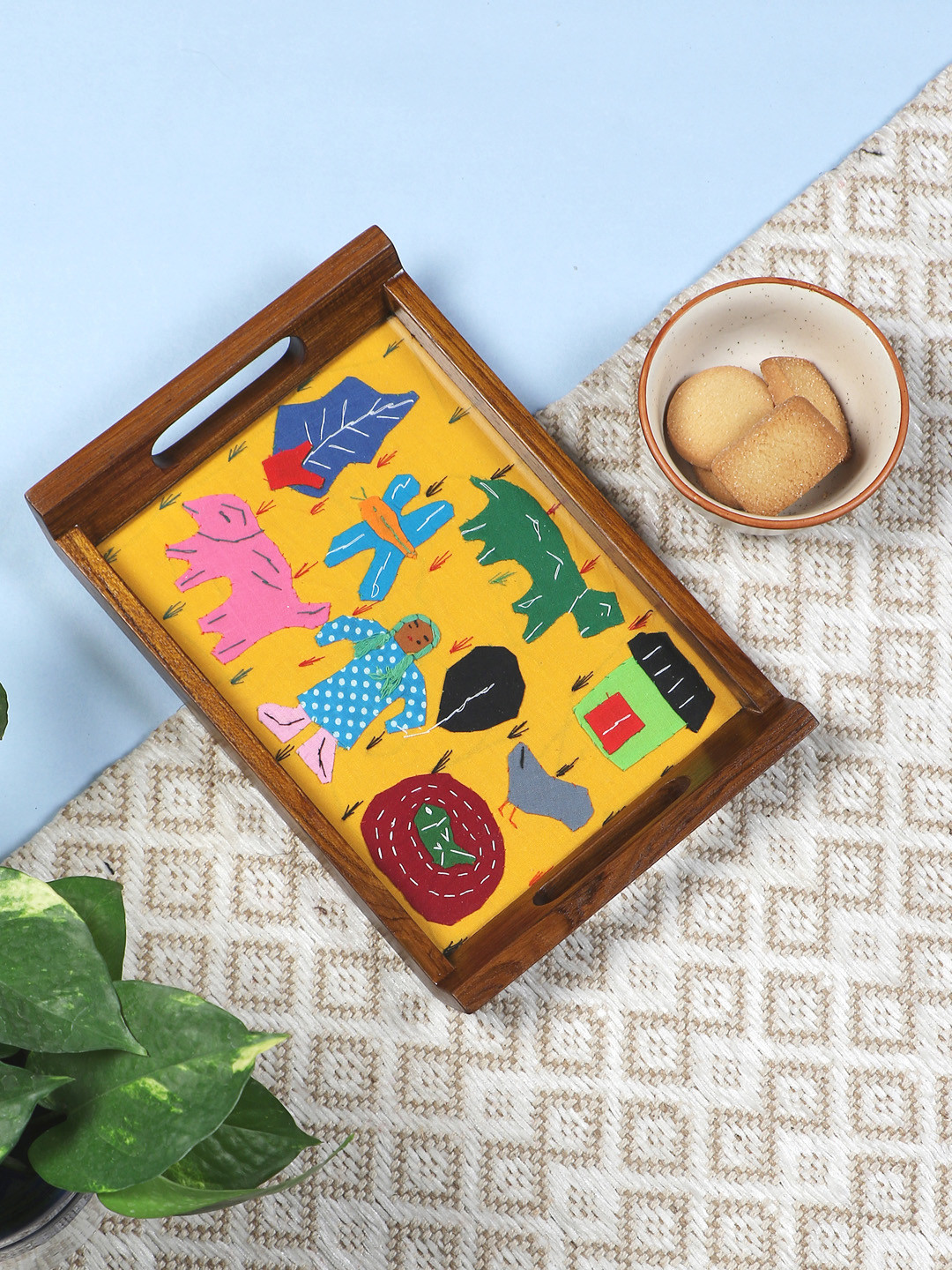 VarEesha Brown & Mustard Yellow Patchwork Handmade Teak Wood Serving Tray With Glass Top