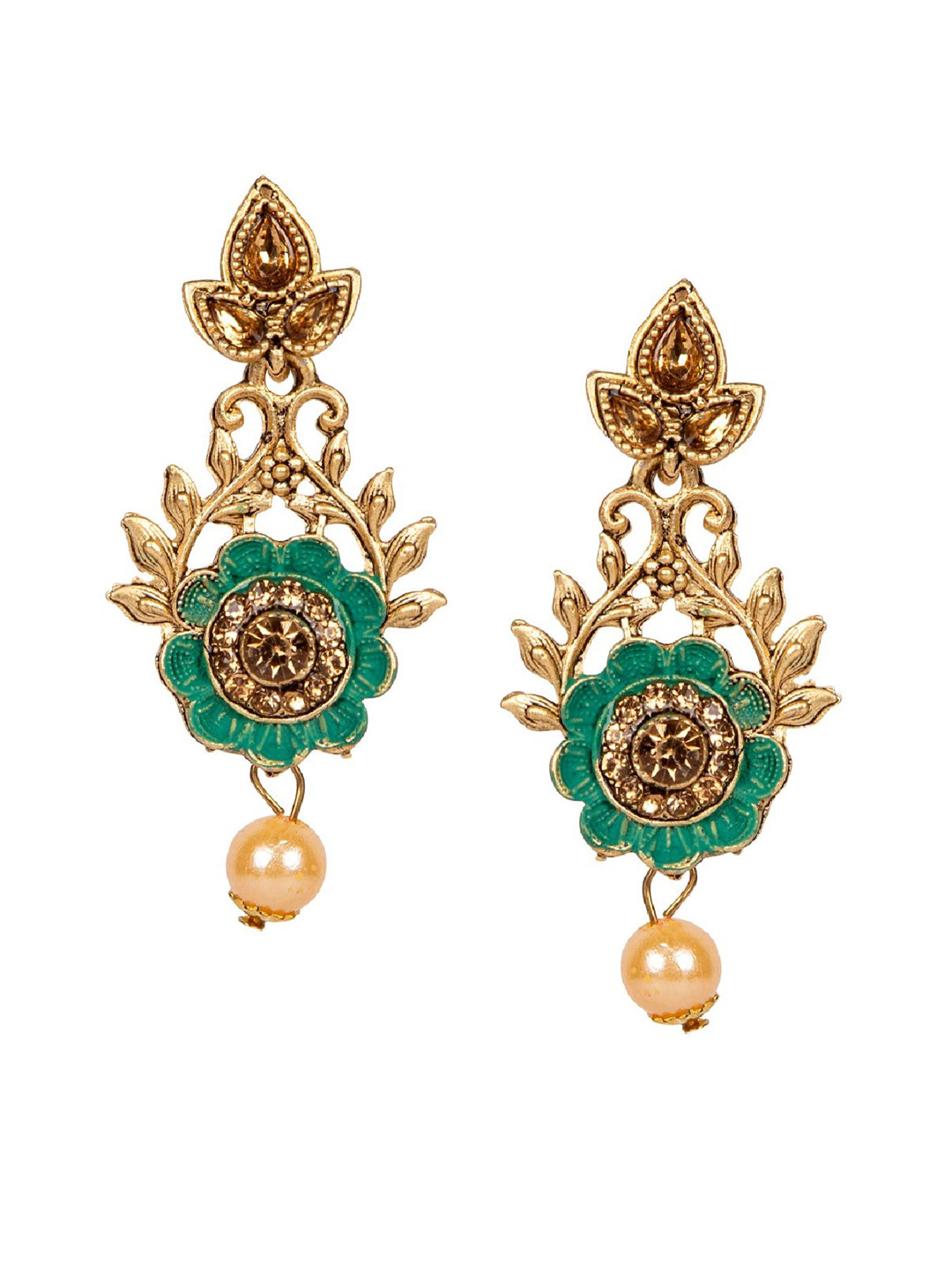 ANIKAS CREATION Green & Gold-Plated Floral Drop Earrings