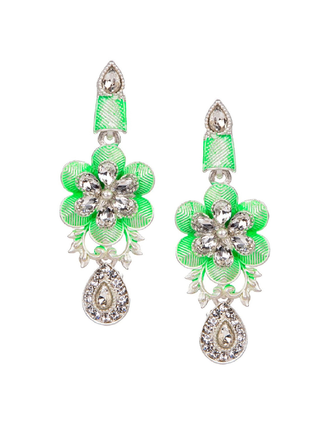 ANIKAS CREATION Fluorescent Green & Silver-Plated Enamelled Classic Drop Earrings