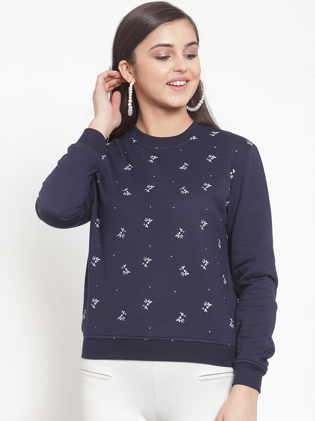 KASSUALLY Women Navy Blue & White Printed Sweatshirt
