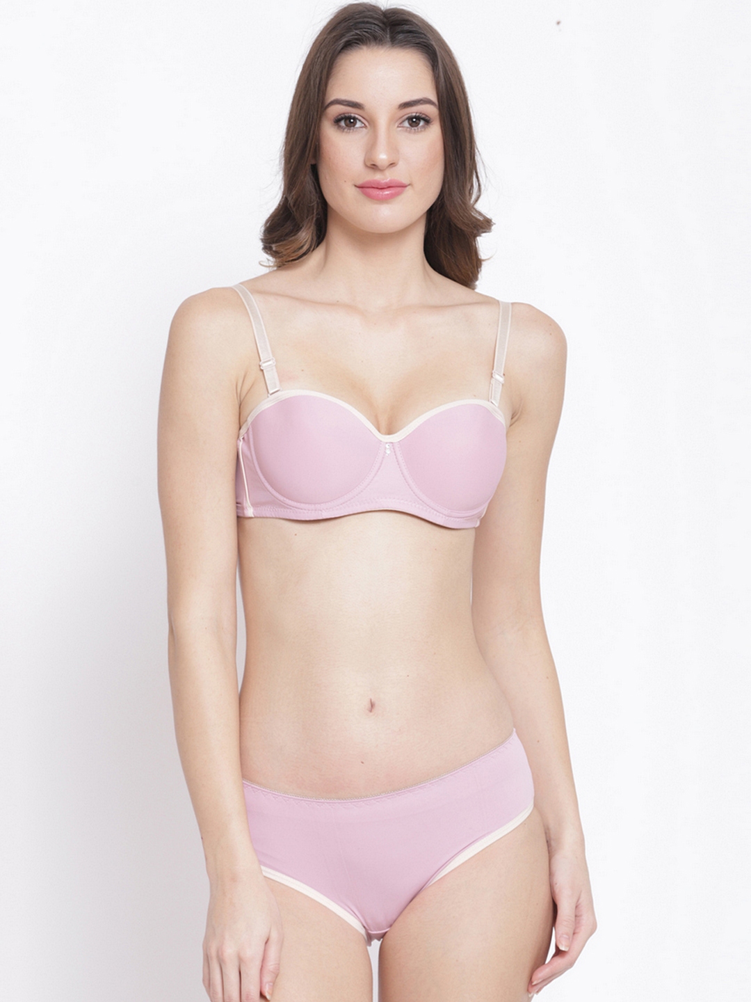 Buy PrettyCat Light Pink Solid Lace Bra & Panty Set For Women ( PC
