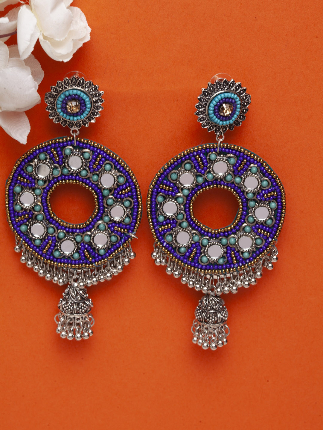 Moedbuille Brass-Plated Silver-Toned & Blue Circular Drop Earrings