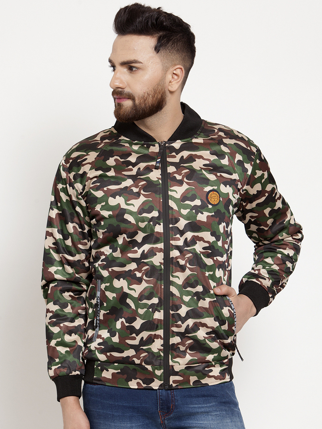 VOXATI Men Olive Green Printed Padded Jacket