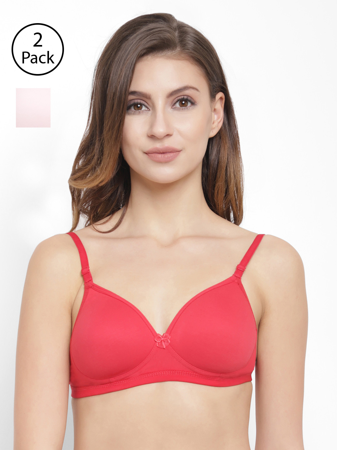 Floret Pack Of 2 Pink & Red Solid Non-Wired Lightly Padded T-shirt Bra