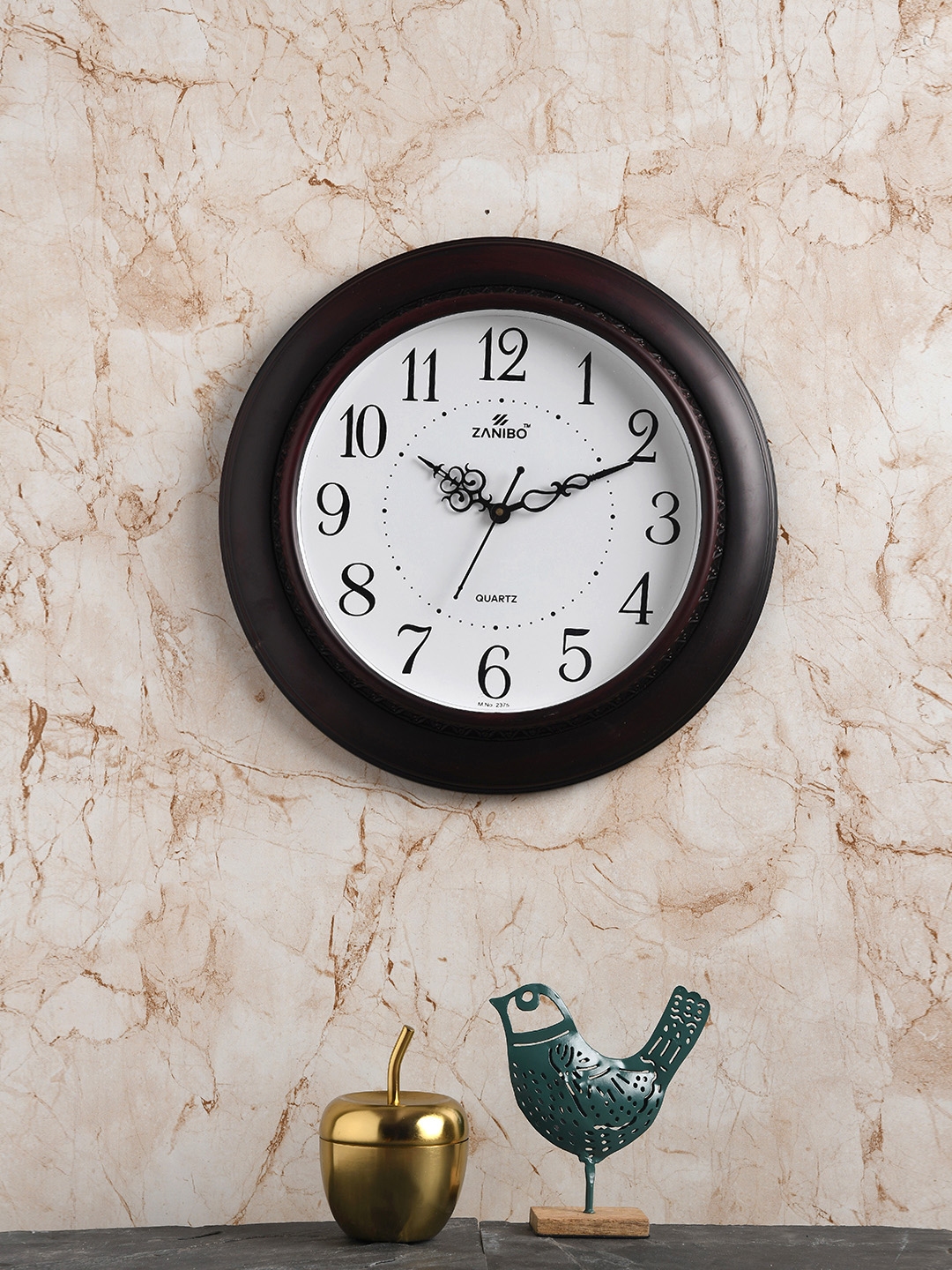 ZANIBO Coffee Brown White Round Solid 40 cm Analogue Wall Clock