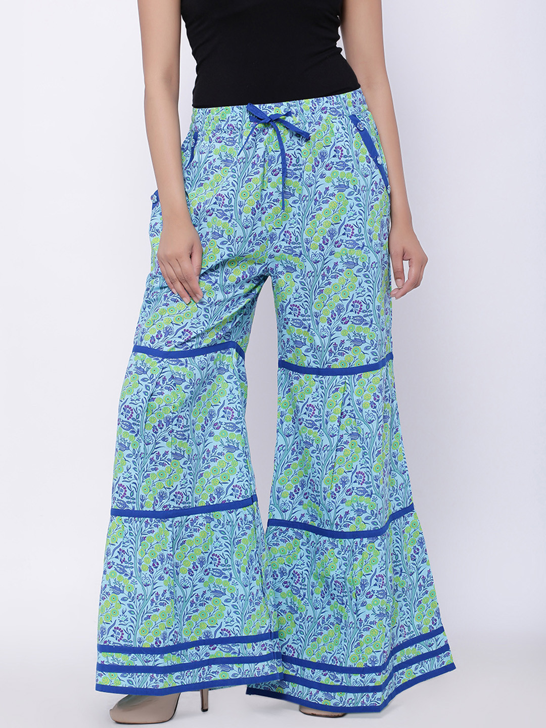 SOUNDARYA Women Turquoise Blue & Green Printed Flared Palazzos